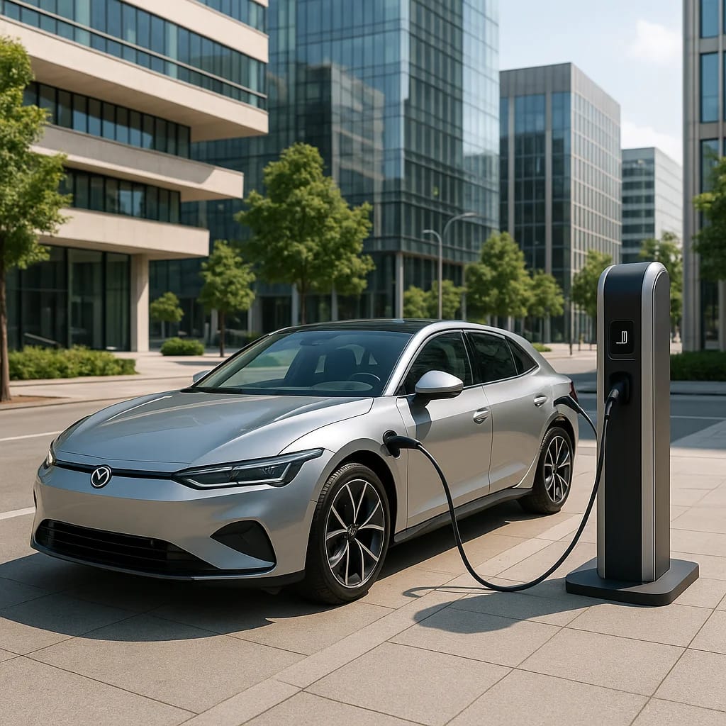 Elektroauto lädt an einer modernen Stromtankstelle im urbanen Umfeld
