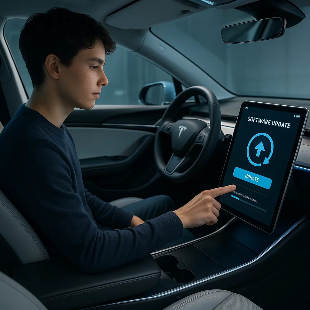 Junge Person im modernen Auto, die ein Software-Update am Infotainment-Display auswählt