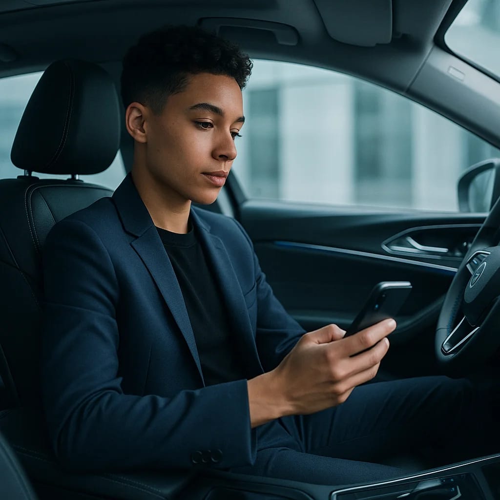 Junge Person im schicken Auto, Smartphone in der Hand, prüft Angebote auf einer digitalen Plattform