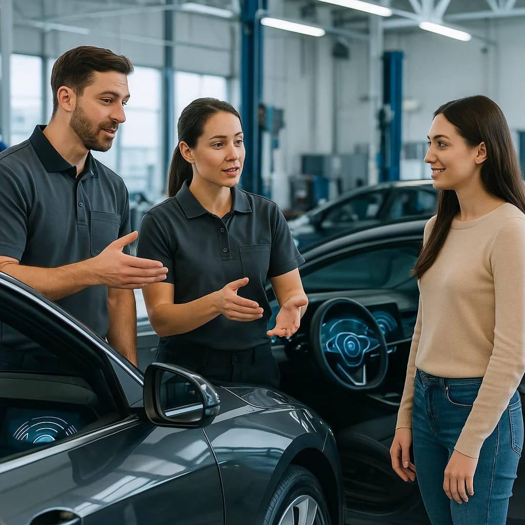 Werkstattmitarbeiter erklären einer jungen Kundin die Funktionen eines Level-3-Fahrzeugs