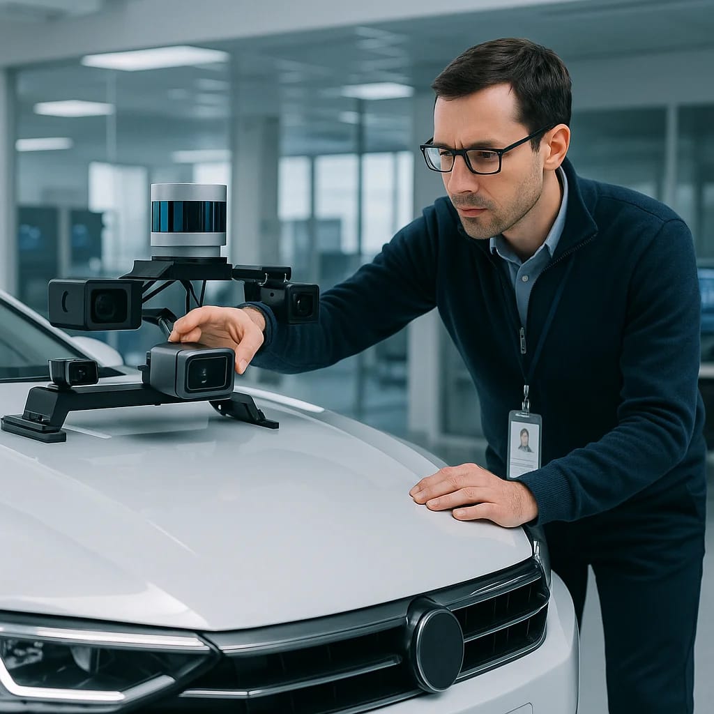 Werkstattmitarbeiter prüft Sensorik und Kamerasysteme an einem Testfahrzeug