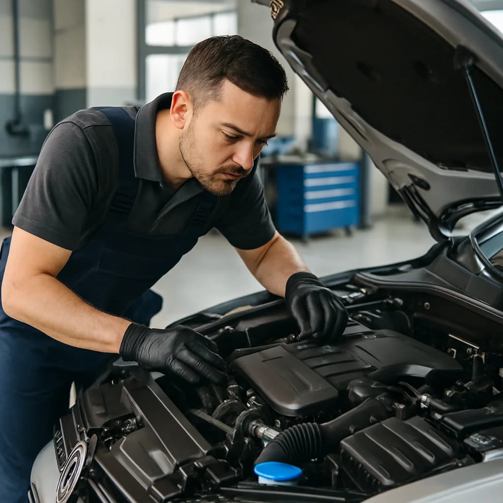Werkstattmitarbeiter prüft den Motor eines gepflegten Gebrauchtwagens