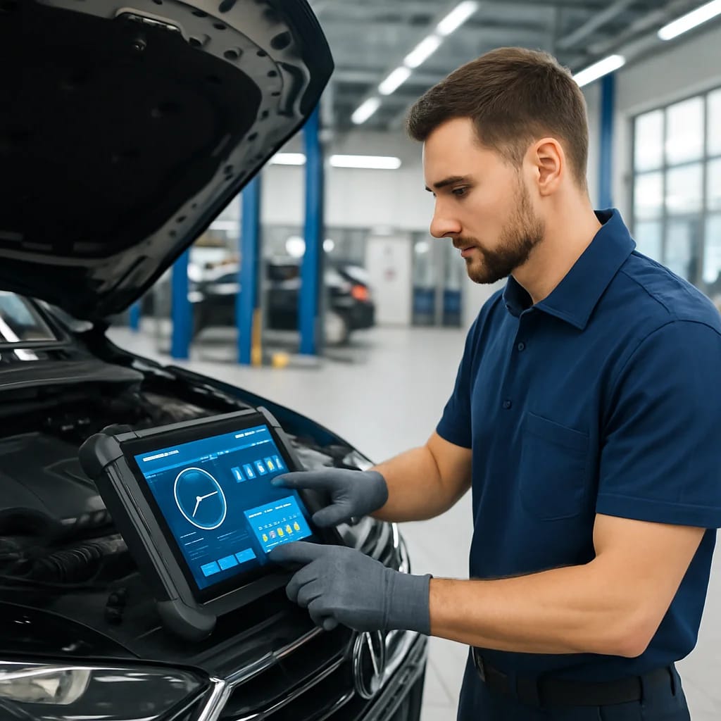 Werkstattmitarbeiter prüft ein Auto mit moderner Diagnosetechnik