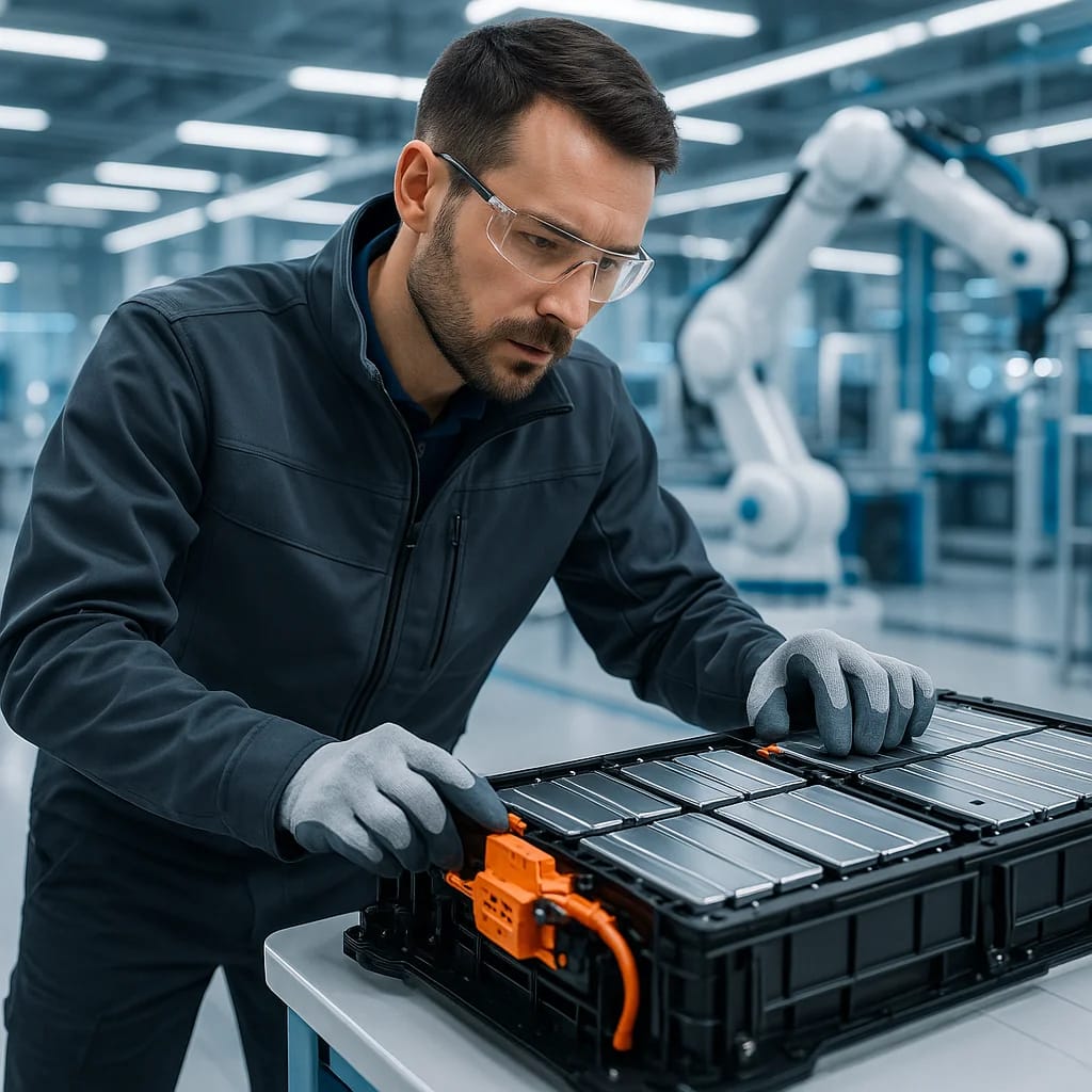Werkstattmitarbeiter prüft eine moderne Batterieeinheit in einer Hightech-Fabrik