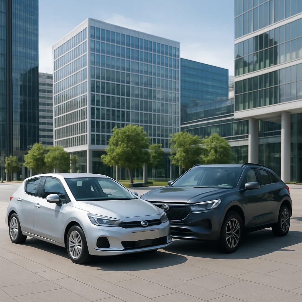 Zwei Fahrzeuge – ein Kleinwagen und ein SUV – parken nebeneinander im urbanen Umfeld
