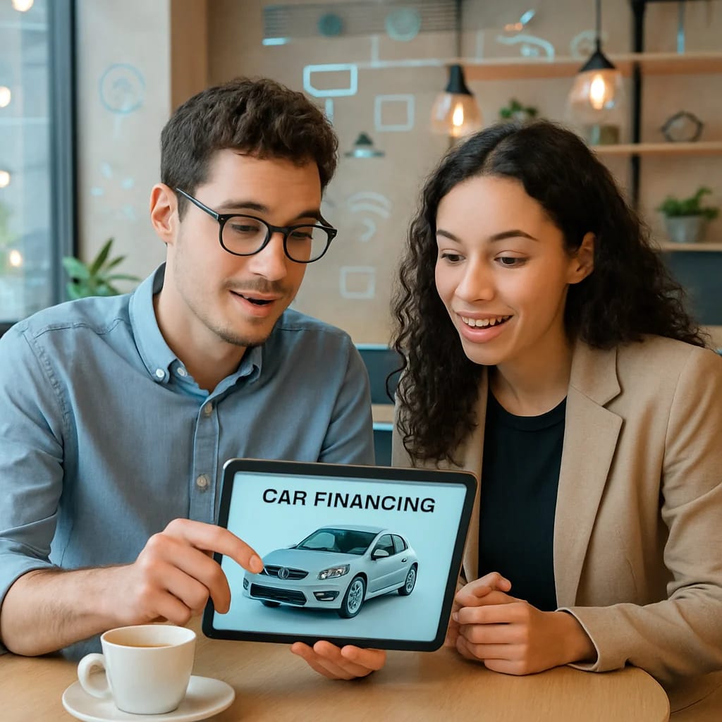 Zwei junge Menschen diskutieren per Tablet ihre Autofinanzierung in einem gemütlichen Café