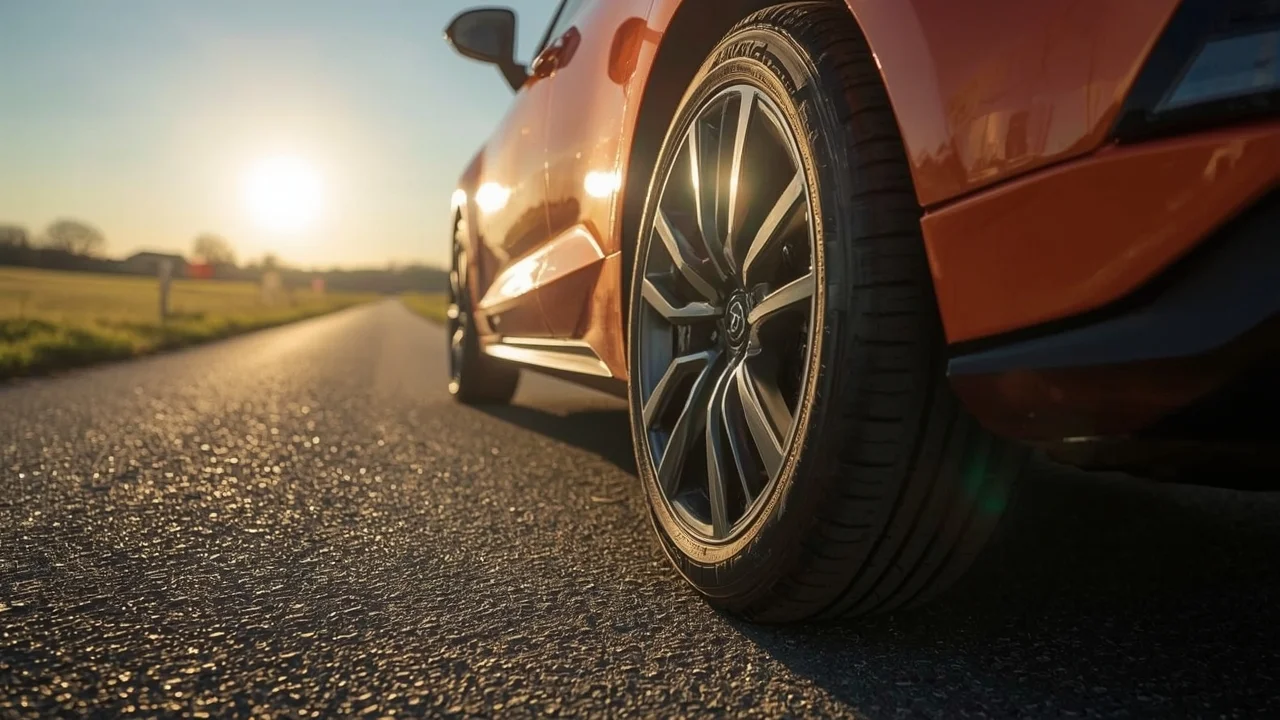 Lucid_Realism_Closeup_modern_car_tire_on_sunlit_country_road_d_0.webp
